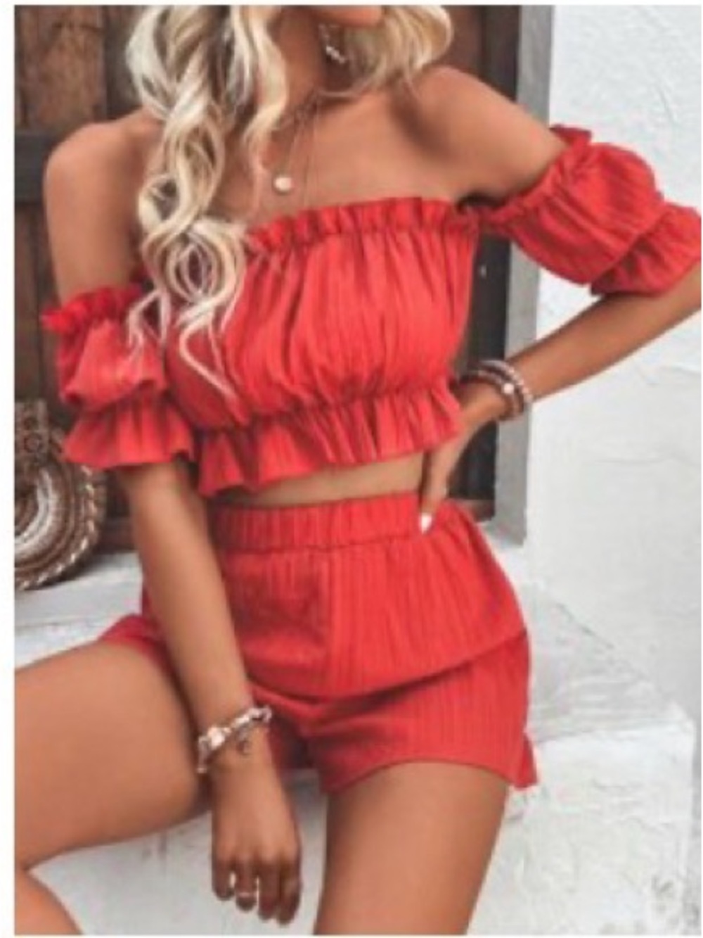 Burnt Orange Over Shoulder Crop High-Waist Ruffle Shorts